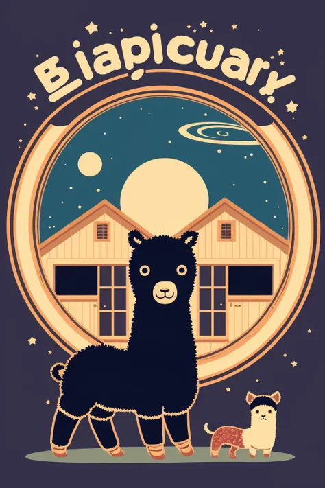 Beautiful cosmic alpaca in front of barn, sticker, 2d cute, fantasy, dreamy, vector illustration, 2d flat, centered, by Tim Burton, professional, sleek, modern, simple vaporwave background, minimalist, graphic, line art, vector graphics, mentixis, metix,