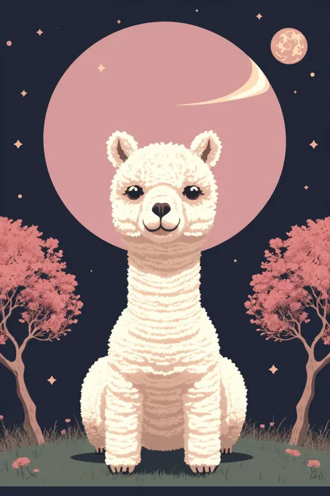 Beautiful cosmic alpaca in front of barn, sticker, 2d cute, fantasy, dreamy, vector illustration, 2d flat, centered, by Tim Burton, professional, sleek, modern, simple vaporwave background, minimalist, graphic, line art, vector graphics, mentixis, metix,