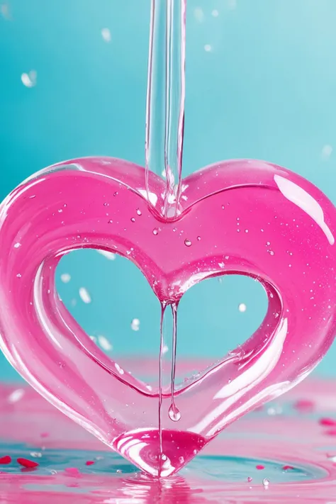 a wet flower dripping water drops,heard shaped water drop suspended in mid air,heart shaped drop against simple pink background,valentines day masterpiece,