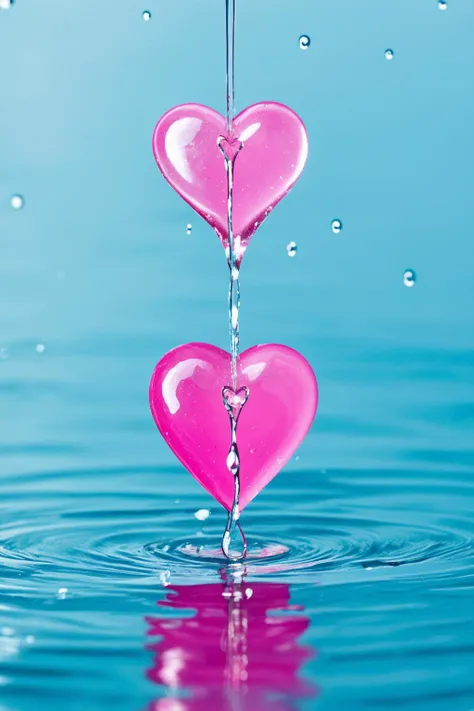 a wet flower dripping water drops,heard shaped water drop suspended in mid air,heart shaped drop against simple pink background,valentines day masterpiece,