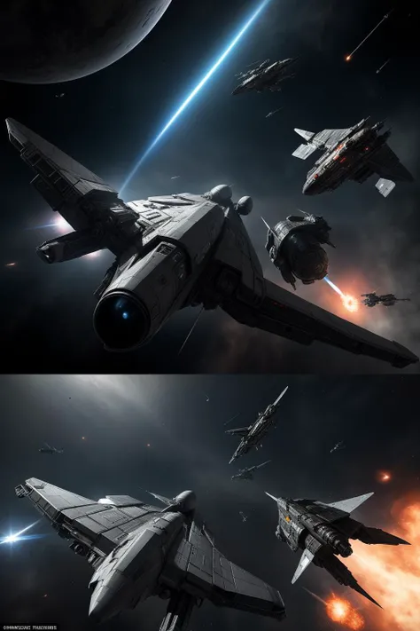 Cinematic concept art of a space battle between rival factions, showcasing epic spacecraft designs and intense action scenes.,