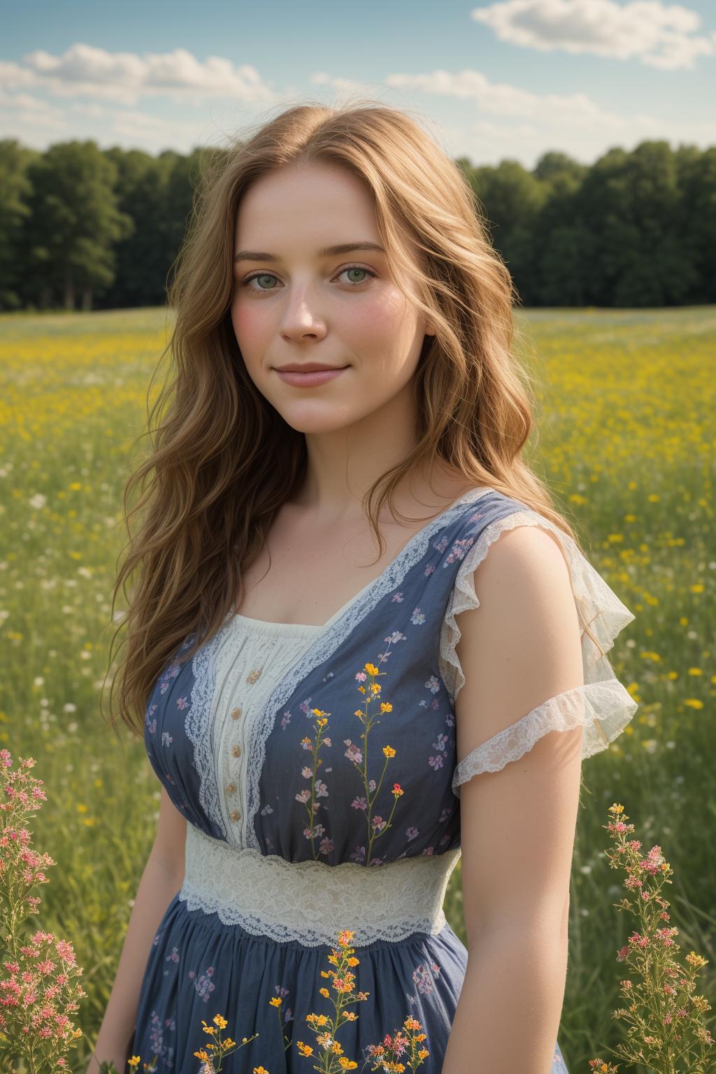 A close up of a woman in a dress standing in a field - SeaArt AI