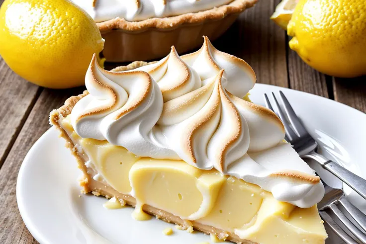 Photographic macro shot of a slice of lemon meringue pie, with detailed focus on the airy meringue topping and tangy lemon filling.,