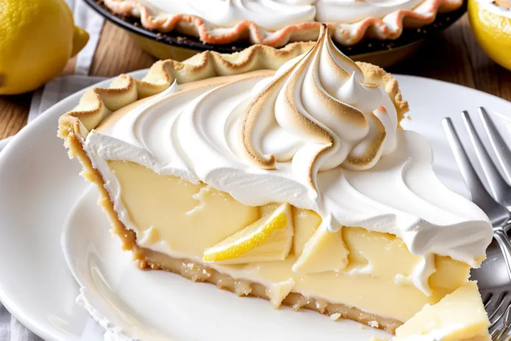 Photographic macro shot of a slice of lemon meringue pie, with detailed focus on the airy meringue topping and tangy lemon filling.,