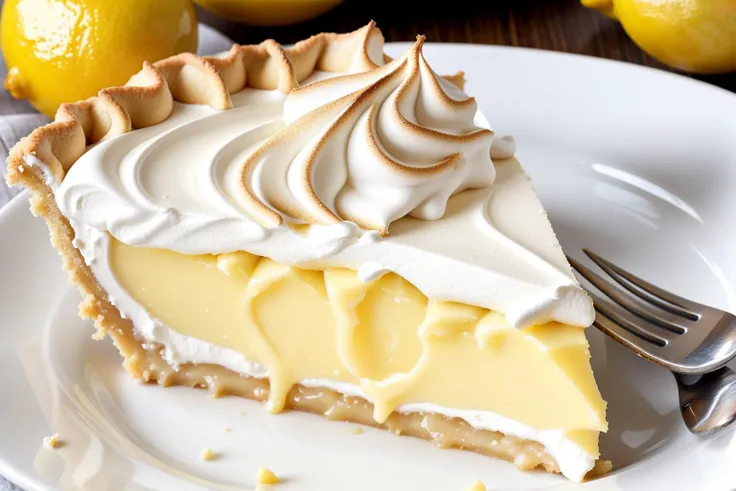 Photographic macro shot of a slice of lemon meringue pie, with detailed focus on the airy meringue topping and tangy lemon filling.,