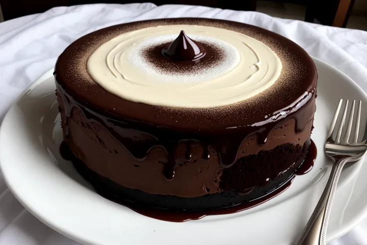 Acrylic painting of a decadent chocolate dessert, with thick layers of paint creating a luscious, glossy texture.,