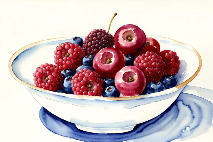 Watercolor study of a bowl of ripe berries, with translucent washes capturing the depth and variation of colors in the fruit.,