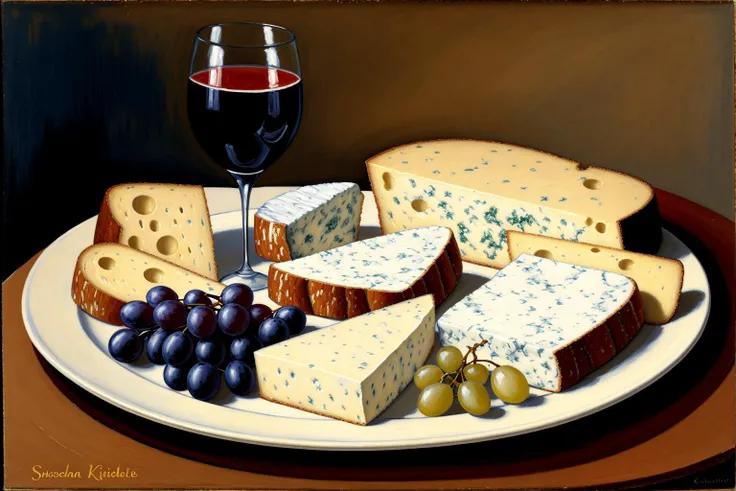 Impressionist-style painting of a cheese platter with assorted cheeses, bread, and grapes, using loose brushwork to convey texture and light.,