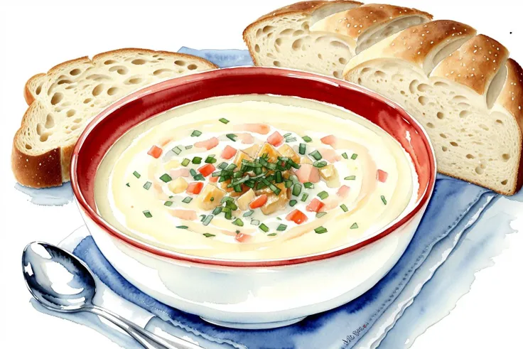 Watercolor painting of a bowl of creamy soup with crusty bread, capturing the warmth and comfort of a homemade meal.,
