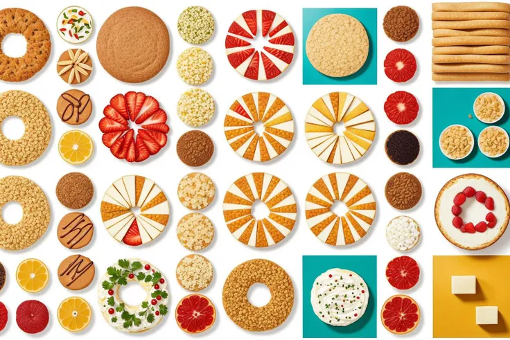 Digital collage of various food items arranged in a visually striking composition, inspired by the principles of modern design.,