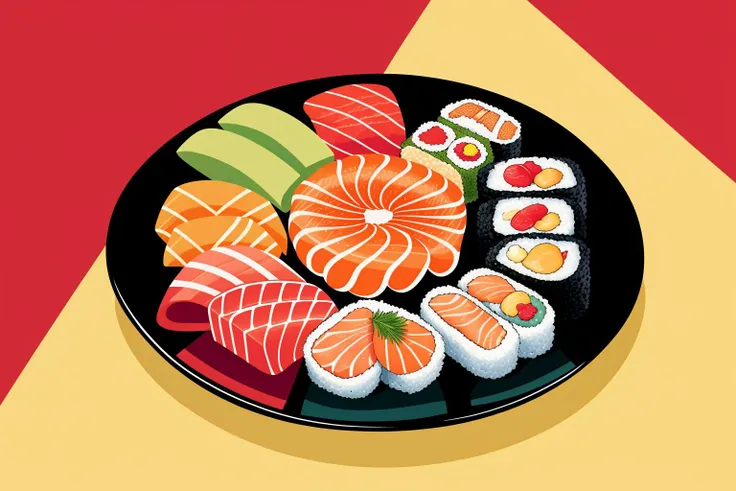 Digital illustration of a sushi platter with colorful rolls, arranged in an abstract composition reminiscent of Japanese art.,