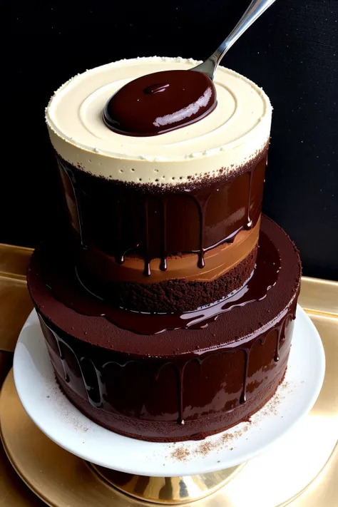 Acrylic painting of a decadent chocolate dessert, with thick layers of paint creating a luscious, glossy texture.