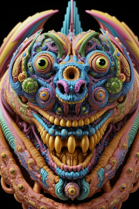 hyper-maximalist lowbrow style overdetailed 3d sculpture of a monster by clogtwo and ben ridgway inspired by beastwreckstuff chris dyer and jimbo phillips. Cosmic horror infused retrofuturist style. Hyperdetailed high resolution. Render by binx.ly in discodiffusion. (Dreamlike surreal polished render by machine:1.22).delusions. Sharp focus.  Extremely psychedelic, Dreamlike surrealism, Hyper realistic detailed intricate sharp