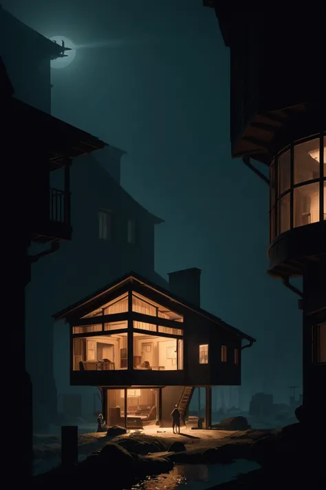 a beautiful flat 2 dimensional illustration of a cross section of a house, view from the side, a storybook illustration by muti and james gilleard, colorful, minimalism, featured on dribble, unique architecture, behance hd, dynamic composition artstation on trending rutkowski, greg by render, octane lighting, (volumetric light:1.21), soft 8k, hyperrealistic, atmosphere, dark cinematic, detail, high details, intricate art, concept realistic