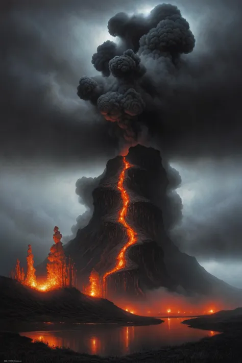 hyperrealistic detailed landscape painting of a grayscale desaturated monochromatic hellscape with tall clouds of smoke and rain falling on the dead grass and in the reflective lake of bubbling lava and fire, atmospheric dark lighting, epic lighting, dark clouds in the sky, very moody, 1980s metal artwork, dystopian feel, (heavy metal:1.14), in the style of Michael Whelan and ZdzisÅaw BeksiÅski, hyper detailed, trending on Artstation