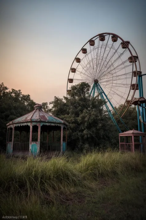 raw photo,masterpiece, award winning, (abandoned amusement park:1.3), overgrown, misty morning, rusty roller coaster, faded colors, eerie silence,
BREAK
urban exploration, decay, nature reclaiming, plant growth,evening, sunset,
BREAK
cinematic,photograph,incredibly realistic, (highly detailed photo:1.37), intricate details,4K,8k, 12k, HDR, Technicolor,sony a7siii,30mm, f2/0, 400<lora:more_details:1>
