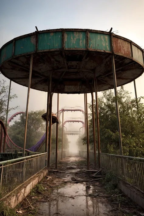 raw photo,masterpiece, award winning, (abandoned amusement park:1.3), overgrown, misty morning, rusty roller coaster, faded colors, eerie silence,
BREAK
urban exploration, decay, nature reclaiming, plant growth,evening, sunset,
BREAK
cinematic,photograph,incredibly realistic, highly detailed photo, intricate details,4K,8k, (12k:1.31), HDR, Technicolor,sony a7siii,30mm, f2/0, 400<lora:more_details:1>