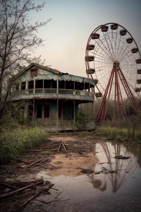 raw photo,masterpiece, award winning, (abandoned amusement park:1.3), overgrown, misty morning, rusty roller coaster, faded colors, eerie silence,
BREAK
urban exploration, decay, nature reclaiming, plant growth,evening, sunset,
BREAK
cinematic,photograph,incredibly realistic, highly detailed photo, intricate details,4K,8k, 12k, HDR, Technicolor,sony a7siii,30mm, (f2/0:1.15), 400<lora:more_details:1>