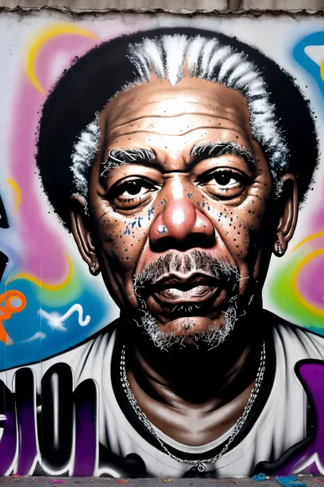 Tempting [Nervous:Signature:18] "Morgan Freeman from his best angle", ultrafine detailed, Proud, Graffiti Street Art, F/2.8, dreamy, cosmic energy, 4K