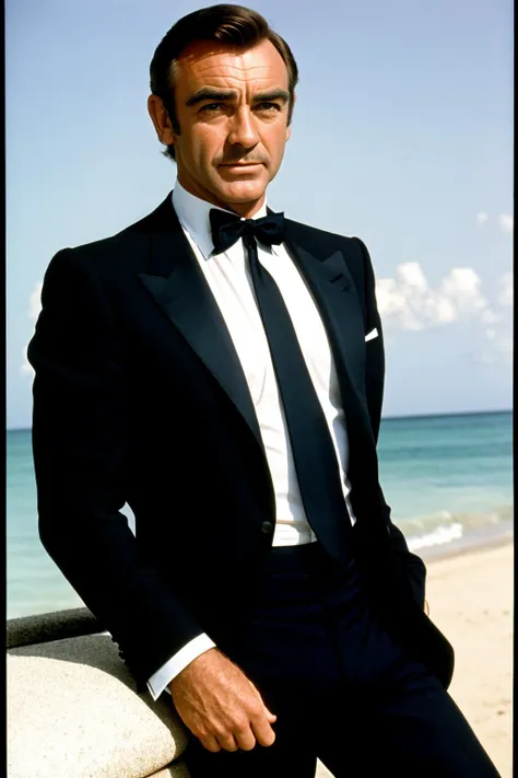 a realistic photograph of Sean Connery as James Bond, 1970s promo movie shot, DSLR Analog,