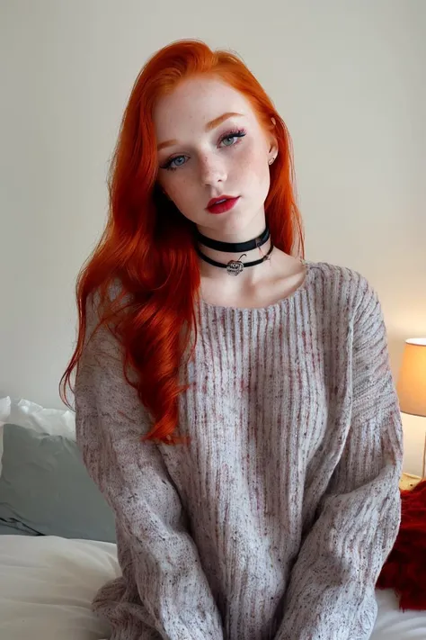 raw photo, (18yo redhead girl:1.2), makeup, graphic eyeliner, rouge, (choker:0.9), realistic skin texture, oversize knit sweater, (red:0.8), softcore, warm lighting, cosy atmosphere, instagram style