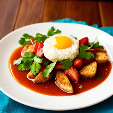 Food photography of a gourmet meal, with a shallow depth of field, elegant plating, and soft lighting.