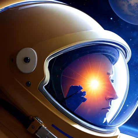 Digital painting of an astronaut floating in space, with a reflection of Earth in the helmet visor.