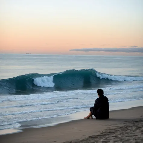 Witness the quiet contemplation of a solitary figure sitting by the ocean, waves crashing against the shore as they lose themselves in thought,