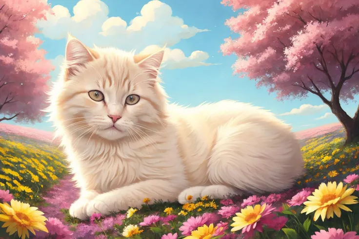 (Cute fluffy cat sleeping peacefully in a flower field), art by atey ghailan, painterly anime style at pixiv, art by kantoku, in art style of redjuice/necmi/rella/tiv pixiv collab, your name anime art style, masterpiece digital painting, exquisite lighting and composition, inspired by wlop art style, 8k, sharp, very detailed, high resolution, illustration, cosmic energy