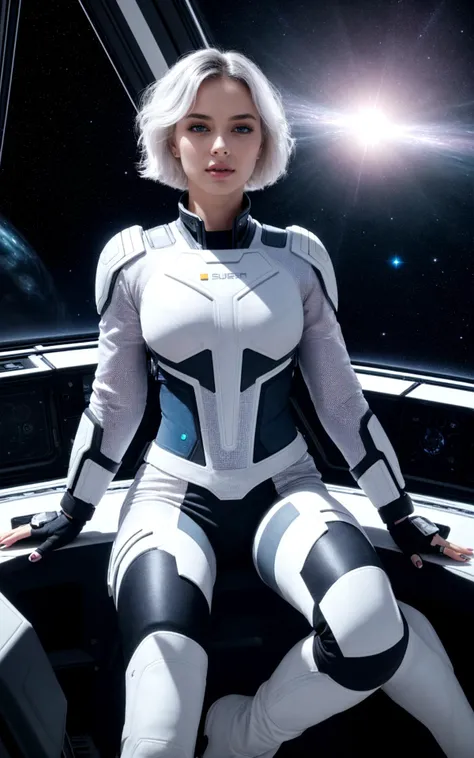 (full body side view)), Sierra, a 21 year old athletic woman, round booty, detailed face, ((shoulder-length unusually white hair with grey strands, full, wavy)), standing on the bridge of the "Comet", "Captain Future's" spaceship, looking through the panorama window down on Mars, natural skin, natural pores, beside her stands the roboter Greg