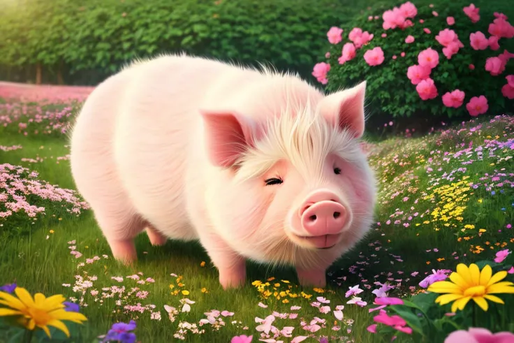 (Cute fluffy pig sleeping peacefully in a flower field), art by atey ghailan, painterly anime style at pixiv, art by kantoku, in art style of redjuice/necmi/rella/tiv pixiv collab, your name anime art style, masterpiece digital painting, exquisite lighting and composition, inspired by wlop art style, 8k, sharp, very detailed, high resolution, illustration, cosmic energy