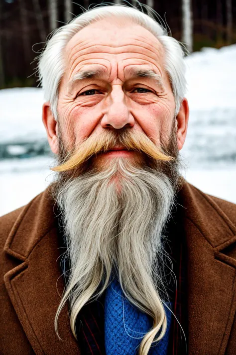 Photo of an elderly man from Siberia with a full beard during a cold day. The sunlight beams onto his face, emphasizing the ice that has formed from his breath in his beard. He exudes a feeling of satisfaction. Portra 800. Analog light leak.