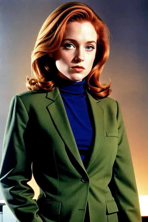 a realistic photograph of young Dana Scully, X-Files from the 1990s, FBI, promo