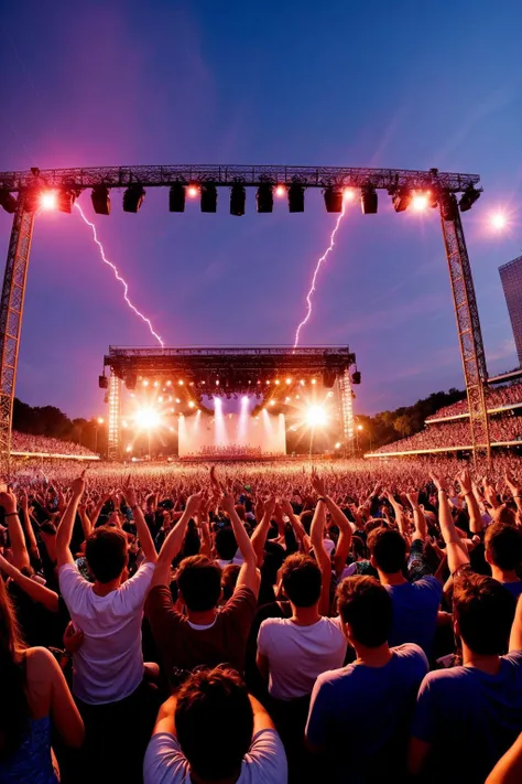Capture the electrifying energy of a live music concert, crowds pulsating with excitement as the music fills the air,