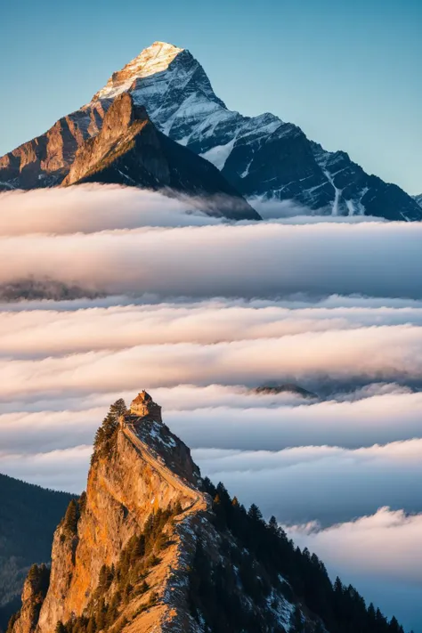 Witness the quiet majesty of a lone mountain peak, shrouded in mist as it rises above the surrounding landscape,