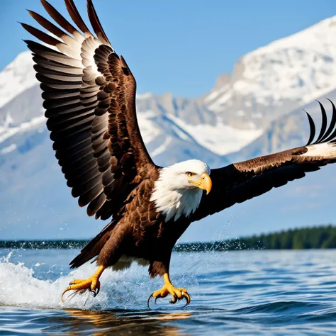 a realistic photo of a American Bald eagle swooping down to water to catch a fish, nature documentary