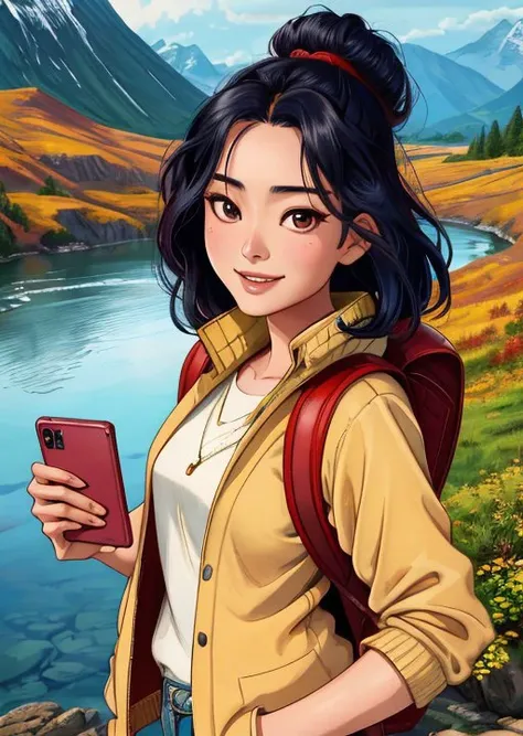 ((selfie)) photo of MeiyuCipher, smiling, outdoors, mountains, wearing a backpack, sweater, and hiking jacket, rocks, river, wood, analog style (look at viewer:1.2) (skin texture), close up, cinematic light, sidelighting, Fujiflim XT3, DSLR, 50mm <lora:add_detail:0.4> <lora:LowRA:0.5>