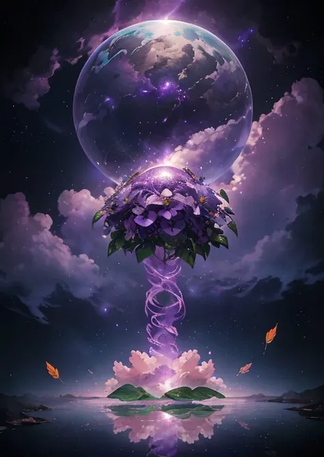 best quality, masterpiece, photorealistic, epic, <lora:PAseerDreamPlanetV1:0.9>, purple theme, science fiction, dreamly, planet, universe, cloud, sky, floating (leaf:1.2), floating (flowers:1.2), glowing, lava, reflection