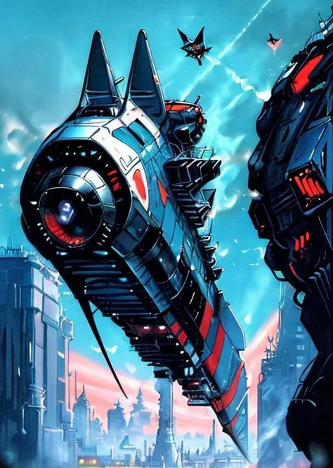 painting, ((clean lines)), <lora:RetroSpaceships:0.8>, ((symmetrical)), ((insectoid design)), ((sharp angles)), ((flying over a city)), ((engine exhaust)), ((desaturated)), spaceship, ((black hull)), ((realistic)), (Cinematic anime screencap,limited palette, :1.3), (best quality), (70s style:1.2), 1970, (retro:1.2), dramatic, 8k, deep shadows, photorealistic, no humans,vehicle focus,((limited palette)), flat color, (oil painting:1.16),(acrylic paint:1.16),((retrofuturism)),(science fiction), by ((Peter Elson)), ((Bruce Pennington))