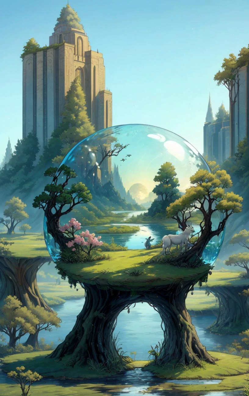 on the bubble, utopian city, avenue,oasis,wetland wildlife <lora:RingArt_Sora:1@0,.5@.4>