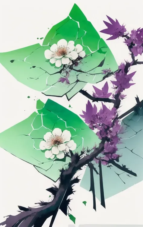 white background under a numbers of decagon, huge seafoam green fan-shaped tendril-bearing plant, silky texture furrowed thorn, warty,  cadmium purple peduncle trumpet-shaped flower, bilabiate,  epicalyx, decussate phyllotaxy, spreading root  <lora:ZenLoRAV1:1>