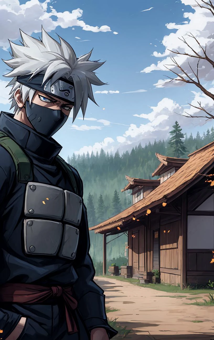 Kakashi Hatake <lora:Kakashi Hatake_20230802113200:0.8>, village villa in temperate deciduous forest biome