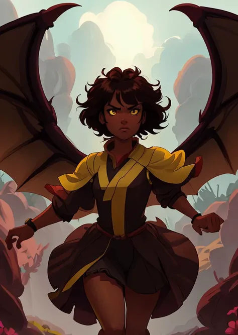 black girl, Brown-haired head, run, frowning 8k, and small dragon <lora:Flowerpetalai:0.6> Flowerpetalai, yellow eyes, winged dragon, volumetric lighting, bu Greg Rutkovski style