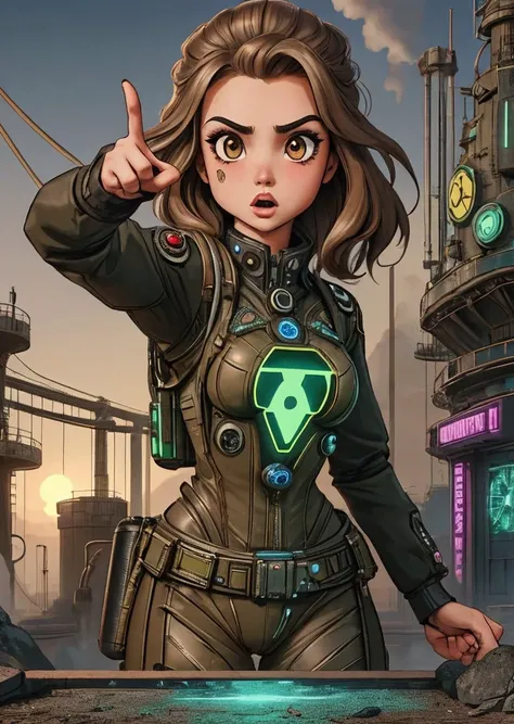eurasian girl, Light brown head, pointing, surprised fear <lora:nuclearpunk-style-darquelilly-v1:1> nuclearpunk,