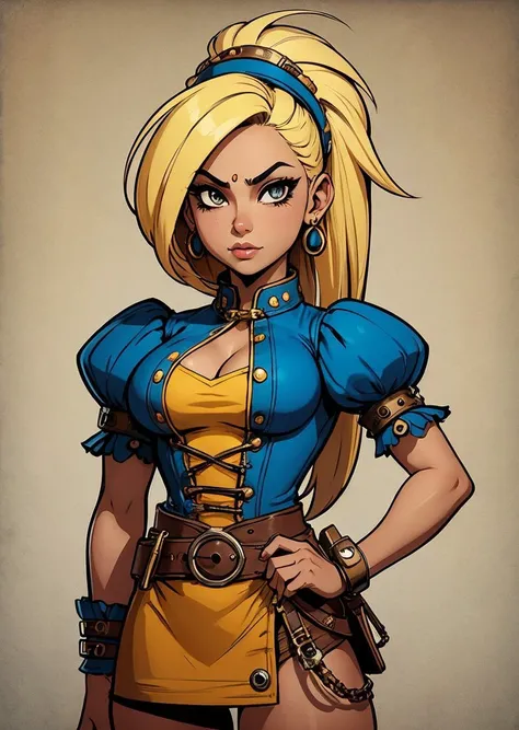 hispanic girl, Blond head, dance, Delight Fantz cartoon (creature:0.5)|(tiger:0.5) design, ultra detailed, random colors, steampunk, and punk costume, <lora:Small_Mostersv2:0.4> <lora:Creature_Design2_V1:0.5>