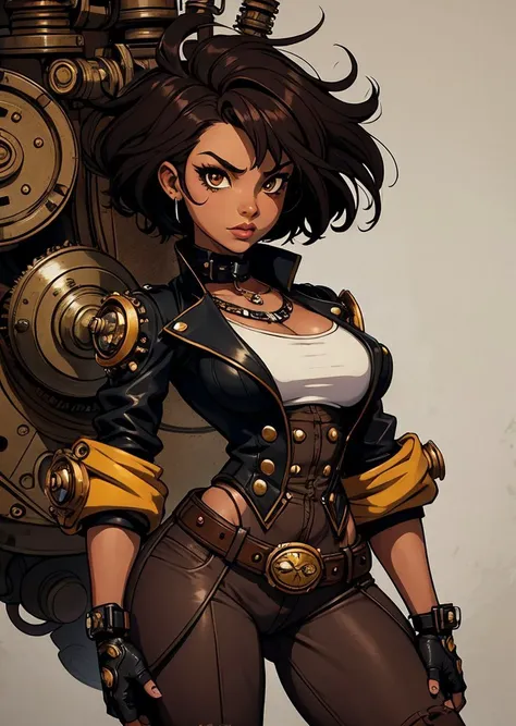 black girl, Brown-haired head, fights, Anxiety Fantz cartoon (creature:0.5)|(tiger:0.5) design, ultra detailed, random colors, steampunk, and punk costume, <lora:Small_Mostersv2:0.4> <lora:Creature_Design2_V1:0.5>