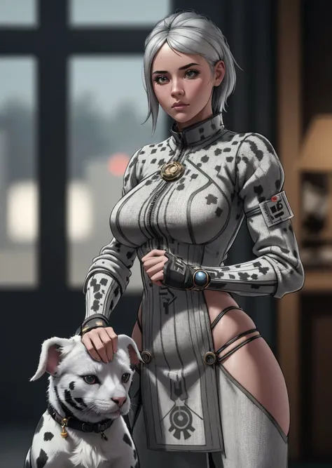 nordic girl and pet Corkie, Gray-haired head, fights, scowling, Residence of Bukovinian and Dalmatian Metropolitans, fractals style,, (masterpiece), (realistic), 8k, RAW photo, very wide shot, octane render, unreal engine, volumetrics dtx, (film grain, bokeh, blurry foreground)
