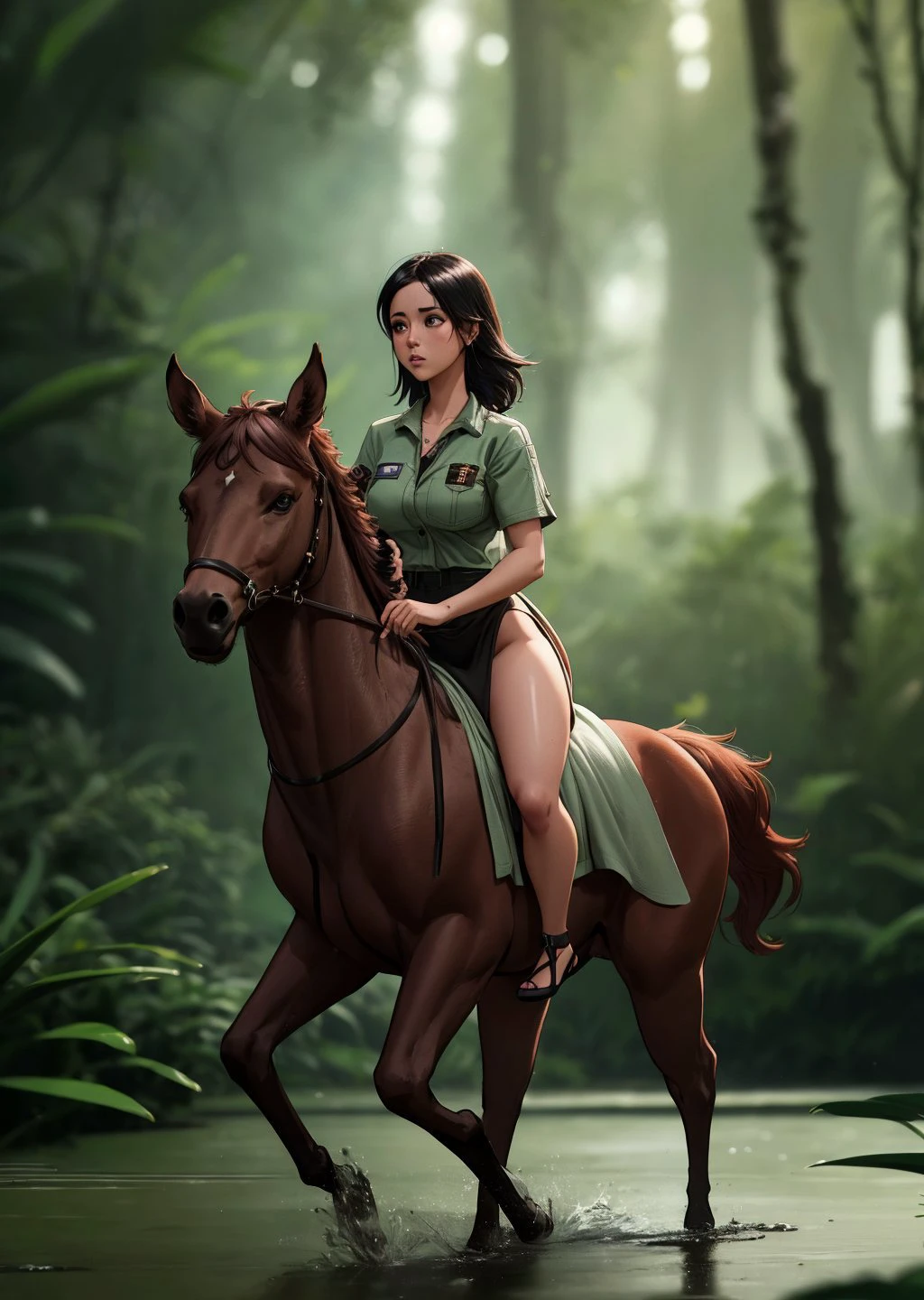 eurasian girl and pet Mule, Brown-haired head, dance, Curiosity, Colchic Rainforests and Wetlands, opalescent style,, (masterpiece), (realistic), 8k, RAW photo, very wide shot, octane render, unreal engine, volumetrics dtx, (film grain, bokeh, blurry foreground)