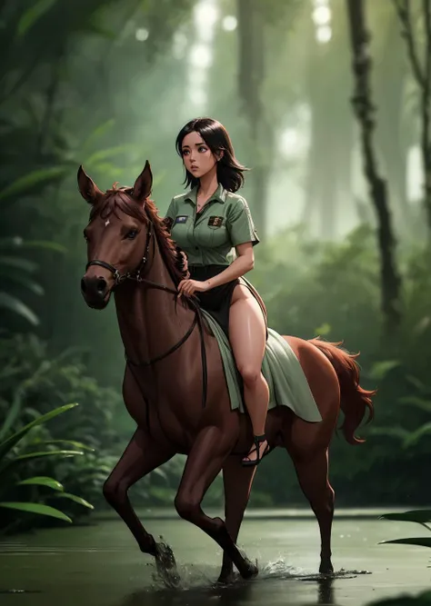 eurasian girl and pet Mule, Brown-haired head, dance, Curiosity, Colchic Rainforests and Wetlands, opalescent style,, (masterpiece), (realistic), 8k, RAW photo, very wide shot, octane render, unreal engine, volumetrics dtx, (film grain, bokeh, blurry foreground)