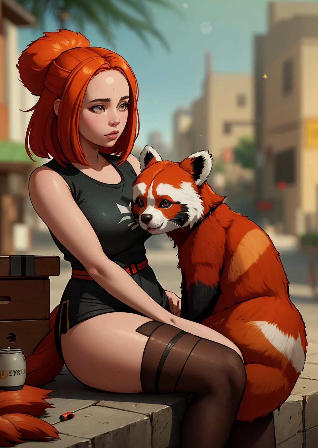 peurto rican girl and pet Red Panda, Ginger head, is sitting, Anxiety, Old City of Acre, oneironaut style,, (masterpiece), (realistic), 8k, RAW photo, very wide shot, octane render, unreal engine, volumetrics dtx, (film grain, bokeh, blurry foreground)